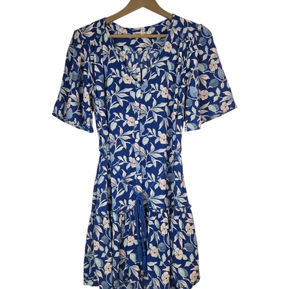 FAHERTY Women Size XS Blue Floral S/SL Button Front Ruffle Dress - Picture 7 of 11